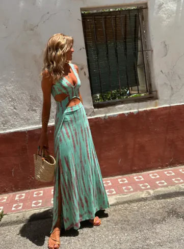 Printed Backless Hanging Neck Long Dress | Ember And Co